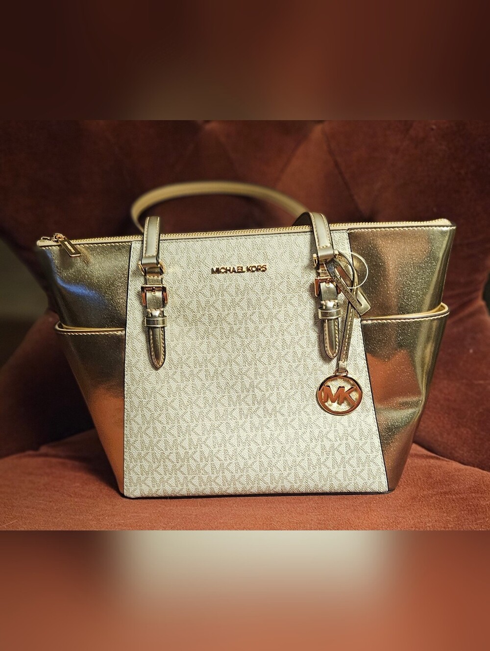 Michael Kors Charlotte Large Signature Logo and Metallic Top-Zip Tote Bag